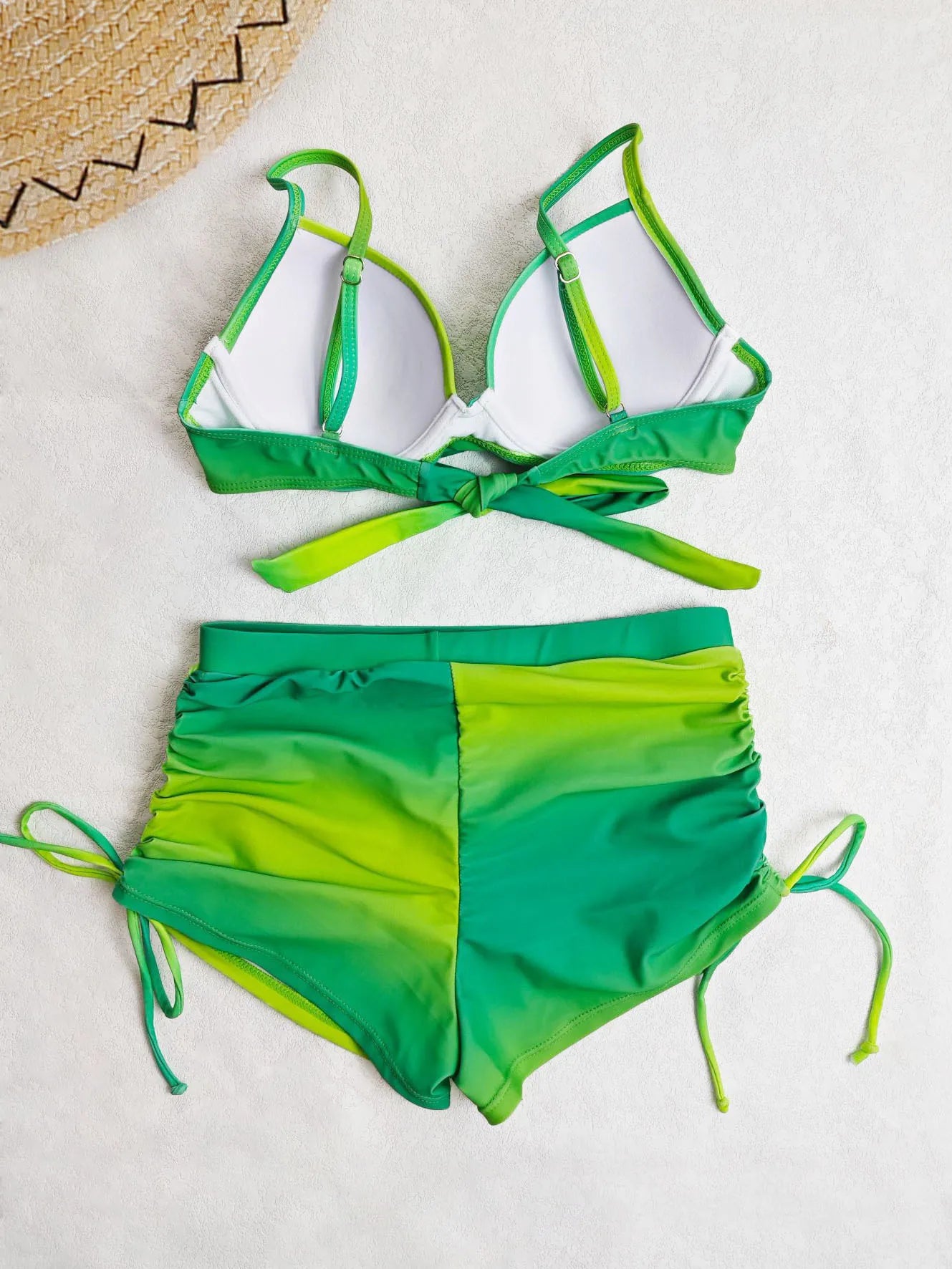 Vintage Yellow Gradient Bikini Set Swimwear Women Halter Cross Push Up Padded Bra High Waist Drawstring Side Pants Swimsuit