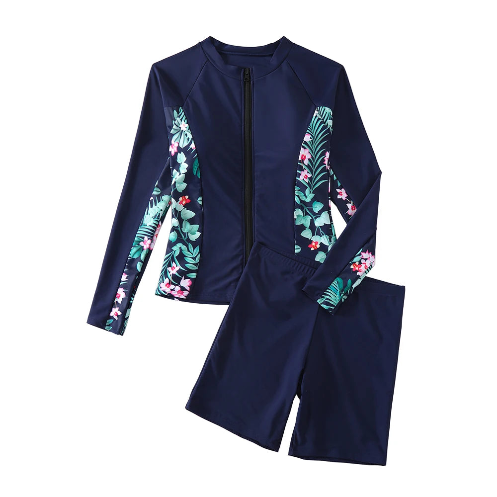 Two Pieces Long Sleeve Swimwear Floral Print Sports Rush Guard Swimsuits Patchwork Beachwear with Zipper Bikini Set Shorts