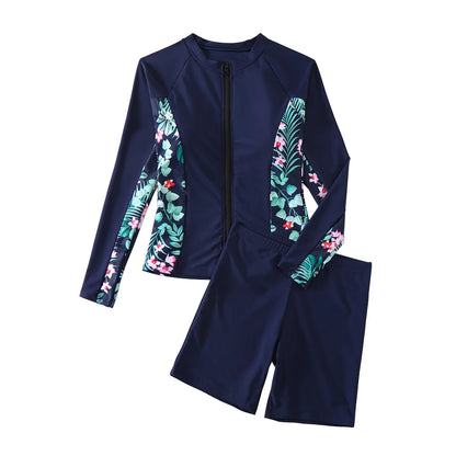 Two Pieces Long Sleeve Swimwear Floral Print Sports Rush Guard Swimsuits Patchwork Beachwear with Zipper Bikini Set Shorts
