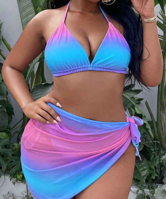 Plus Size Ombre Triangle Bikini & Beach Skirt Swimsuit Women Large Size Swimwear Female Bathers Bathing Swimming Suit Beachwear