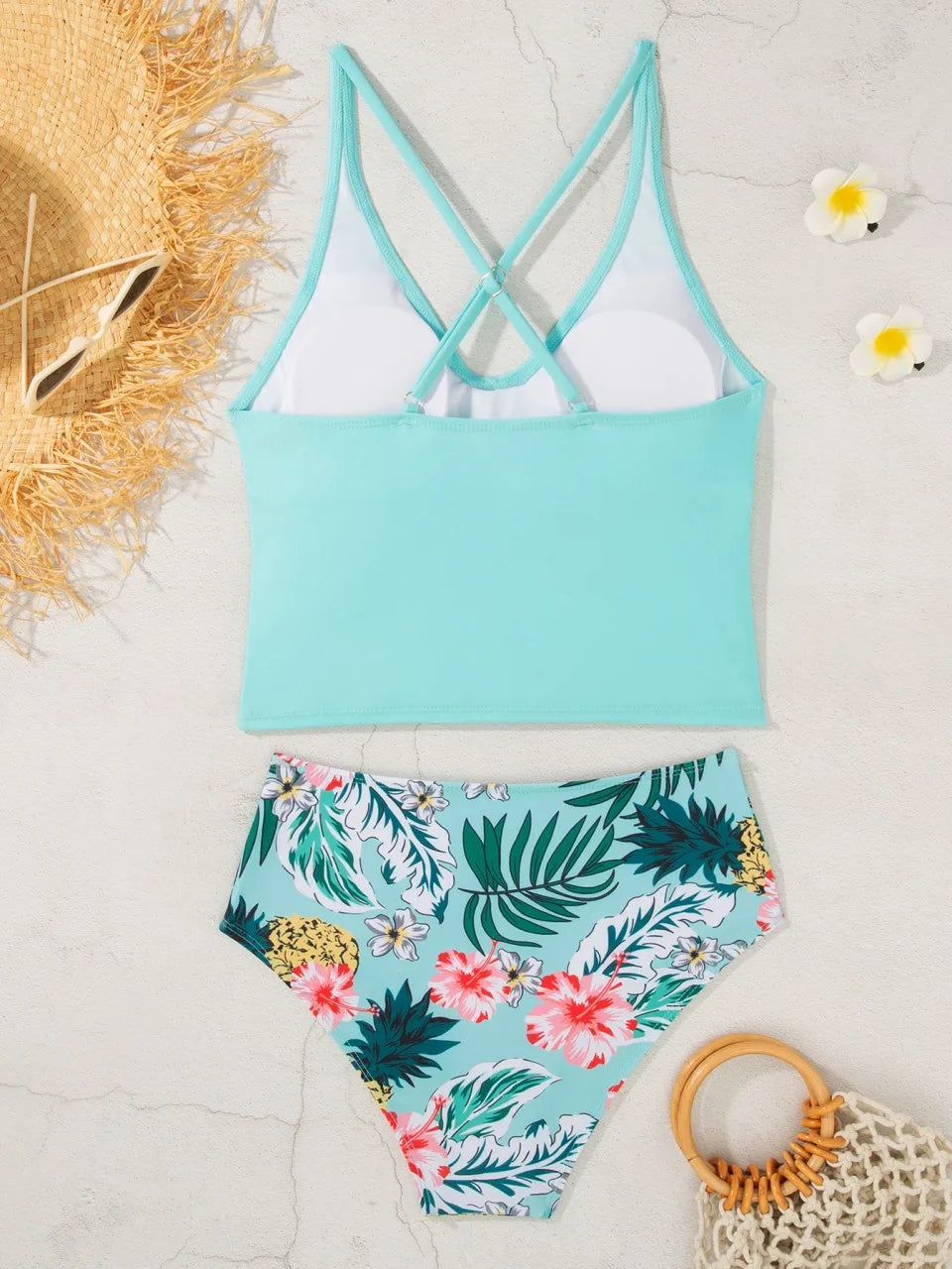 Printed Back Cross Tankini Strappy Swimsuit Women Two Pieces High Waist Swimwear Female Bathing Swim Suit Padded Beachwear