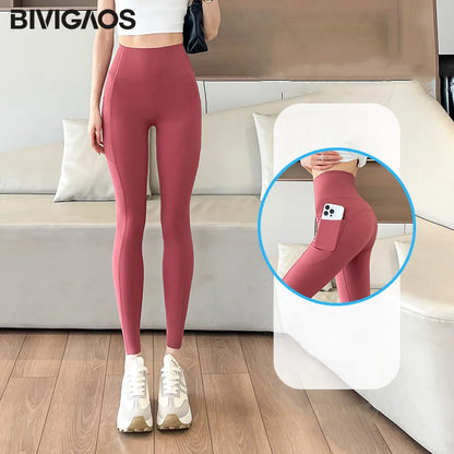 Side Pocket Sharkskin Leggings Women High Waist Tight Fitness Yoga Leggings Push Up Running Leggings