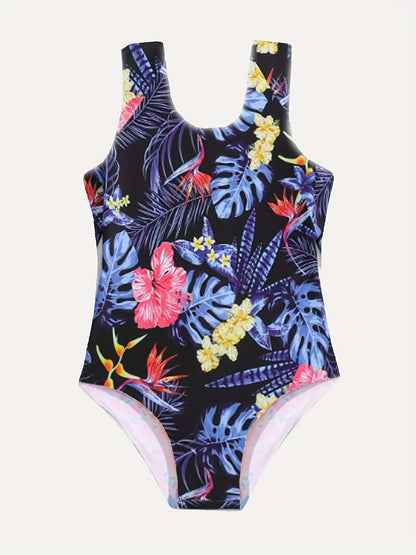 Children's One-piece Swimsuit | Cute Floral Print | Polyester Halter Design | Elastic and Comfortable Chest Pad