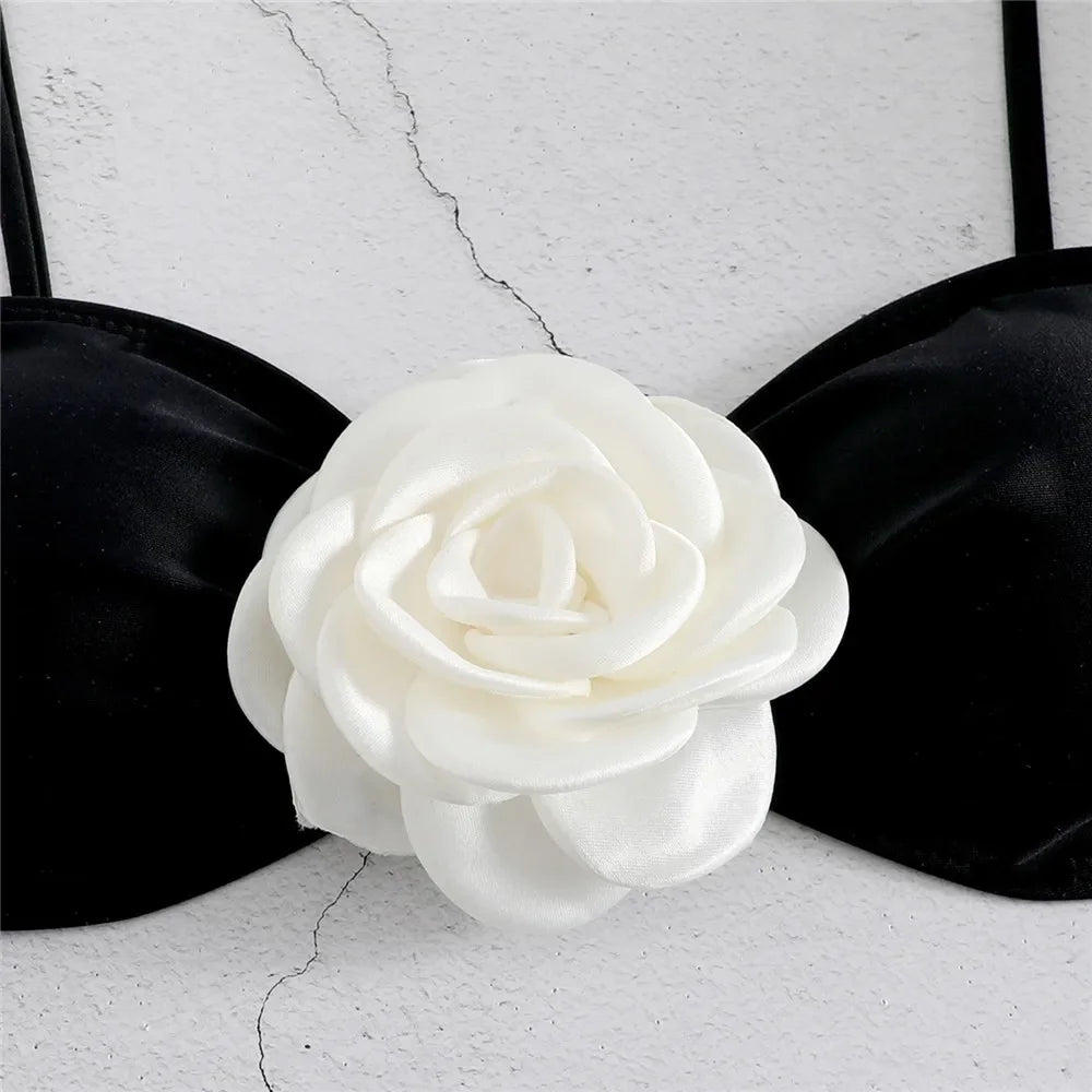 Flower Bandeau Swimwear Thong Bikini Women Lace-up Swimsuits Swimming Bathing Suit Brazilian Bikinis Set