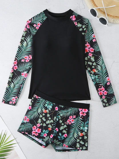 Long Sleeve Surfing Sport Swimwear Women Two Pieces Print Swimwear Female Bathers Bathing Swimming Swim Suit Beachwear Lady
