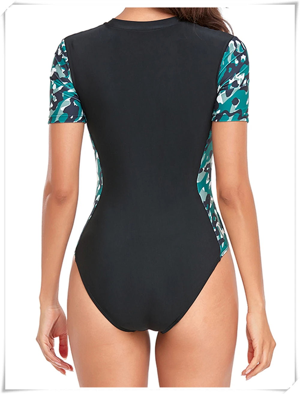 Short Sleeve Zipper One Piece Swimsuit Zebra Print Swimwear Women Diving Clothes Surfing Beachwear Bathing Swimming Suit