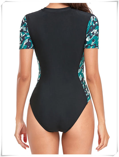 Short Sleeve Zipper One Piece Swimsuit Zebra Print Swimwear Women Diving Clothes Surfing Beachwear Bathing Swimming Suit