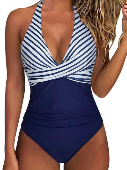 Halter Swimsuit Women One Piece Printed Cross Smocked Swimwear Female Bodysuit Bathing Swimming Suit Padded Beachwear