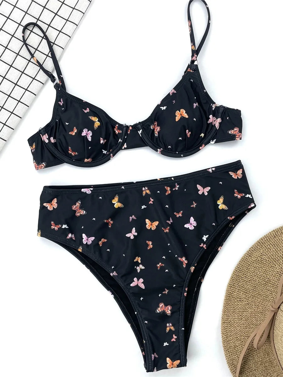Underwired Butterfly Print High Waist Bikini Women Swimsuit Female Swimwear Two-pieces Bikini Set Push Up Bathing Suit Swim Lady