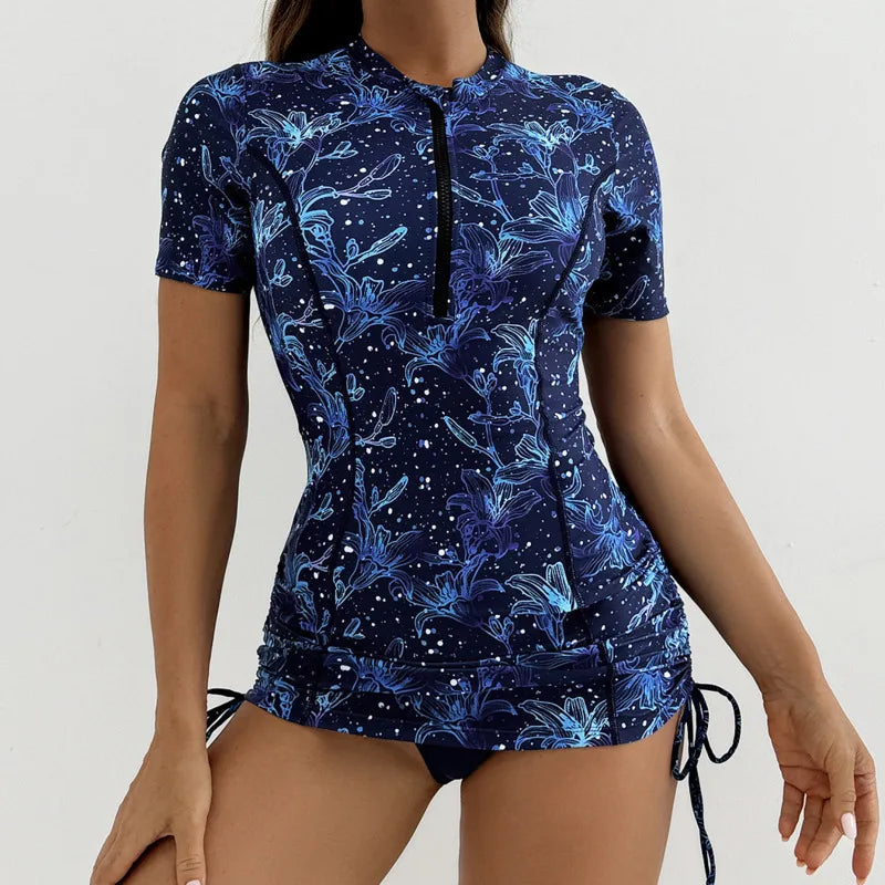 Floral Women Swimsuits Sun Protection Female Short Sleeves Swimwear Surfing Sports Pool Beachwear Two-Piece Bathing Suits