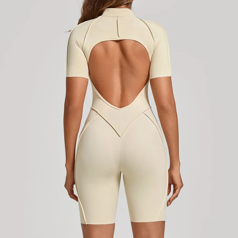 Women's Short-Sleeve Zip-Front Open-Back Workout Playsuit
