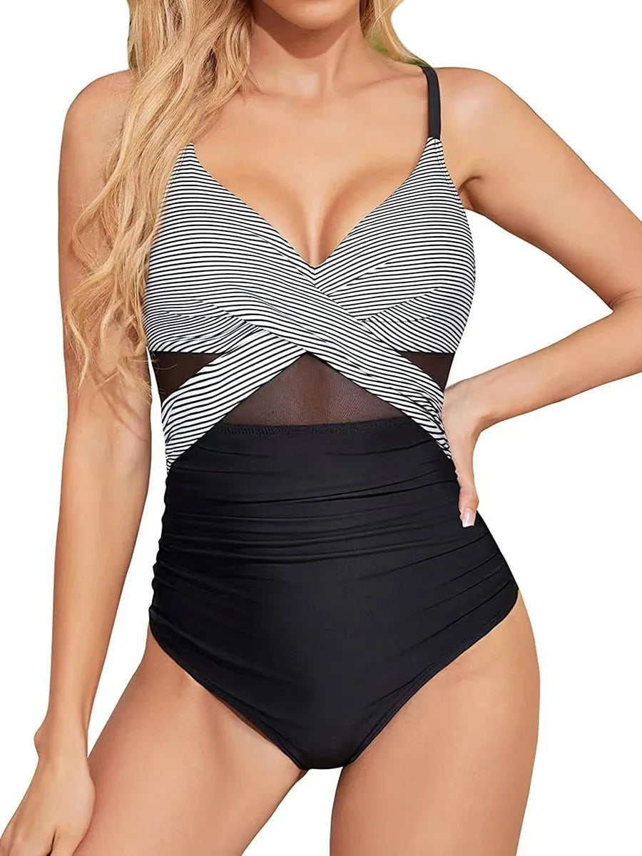 Vintage Strappy Swimsuit Women One Piece Solid Mesh Swimwear Female Bathers Bathing Swimming Swim Suit Beachwear XXL