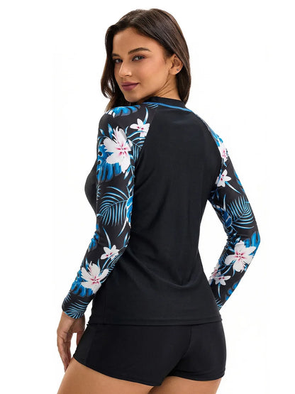 Printed Women Long Sleeve Rash Guard Swimsuit Conservative Sun Protection High Waist Boy Shorts Two Piece Swimwear Bathing