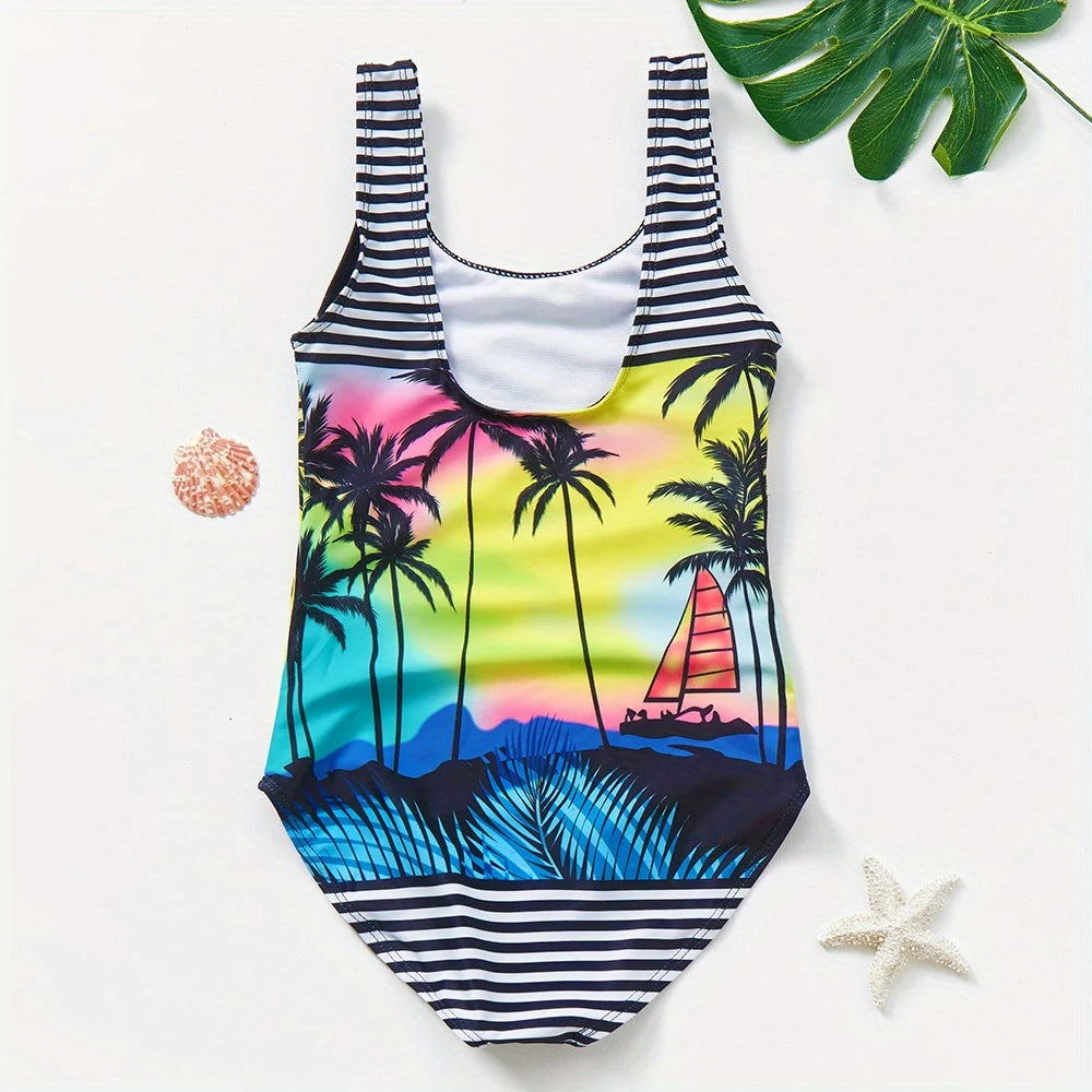 A girl's swimsuit with a fruit pattern, suitable for children aged 2-11. Chest Pad