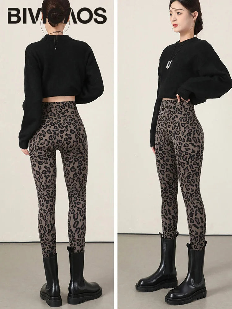 Thin Velvet Fashion Leopard Sharkskin Leggings Women High Waisted Slim Tight Warm Leggings