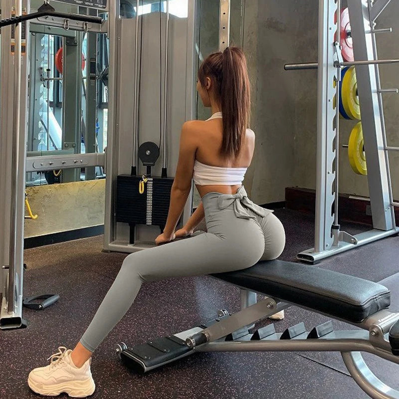 Bowknot High Waist Yoga Leggings Women's Fast Drying Butt Lifter Pants Seamless Tight Hem Workout Fitness Pilates Pants