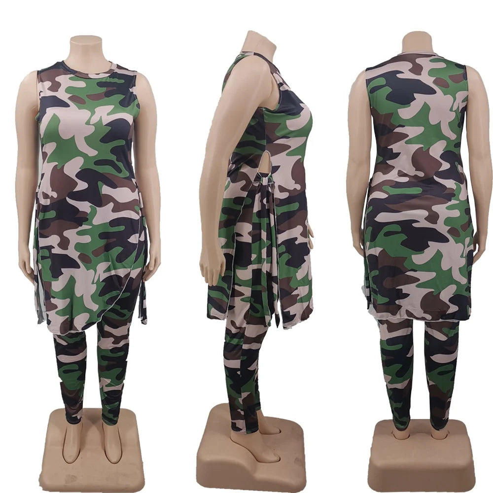 Camouflage Plus Size Women Clothing Two Piece Outfits Sleeveless Round Neck Bandage Crop Tops Pants Sets