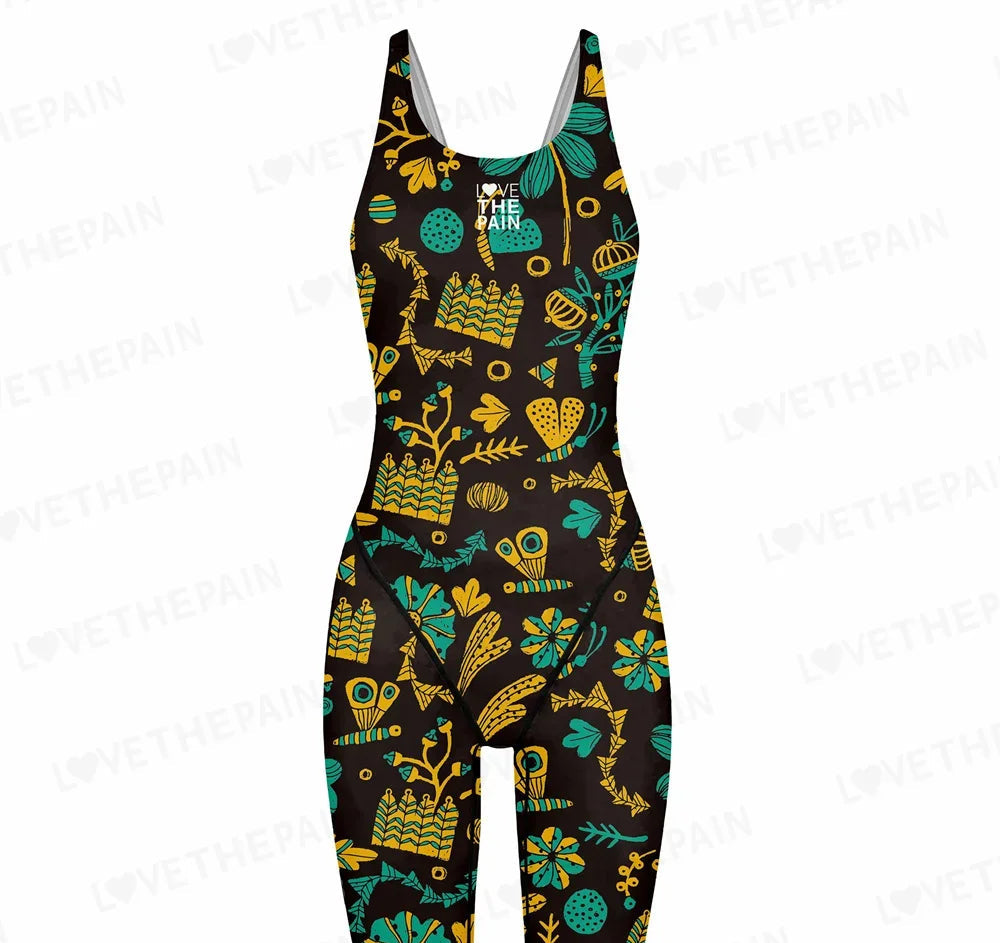 Love The Pain Women Racer Back Bodysuit Knee Length Swimsuit Professional Sports Training Swimwear Backless Athletic Swimsuit