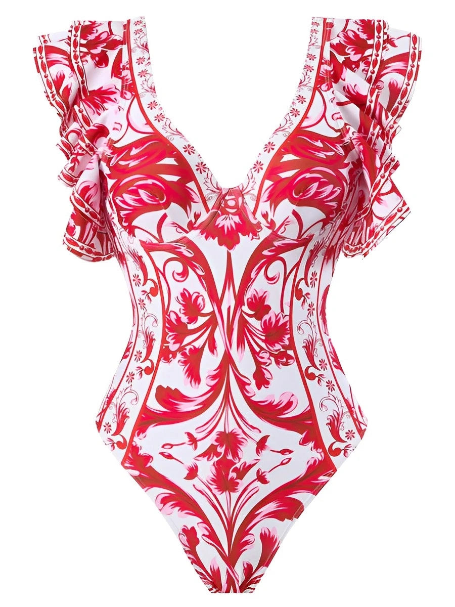 Ruffle Push Up Swimwear Women One Piece Floral Swimsuit Vintage Bather Bathing Swimming Swim Suit Beachwear Summer Bodysuit