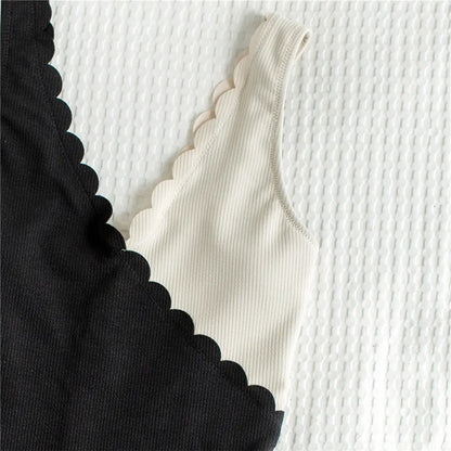 Scalloped Splicing High Cut One Piece Swimsuit Women Swimwear Female Ribbed Bather Bathing Suit Swim Lady