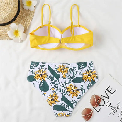 Women Bikini Set Solid Color Underwire Padded Push-Up Split Bikini Bra Print High Waist Bottoms Swimsuit Women Bathing Suit