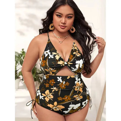 Plus Size One-Piece Bikini Digital Print Drawstring Tie Gathered Halter Swimsuit for Women
