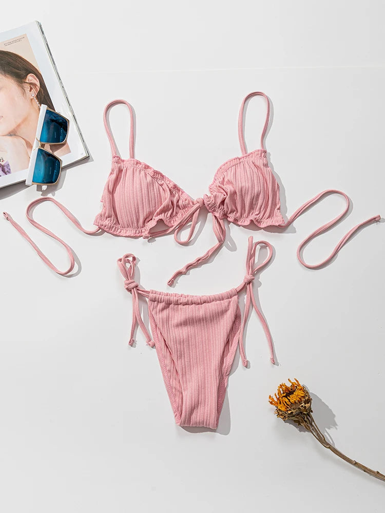 Swimsuit Pit stripe Bikini Women Swimwear  Bathing Suits Push Up Biquinis Bandage Beachwear Solid Bikini Sets