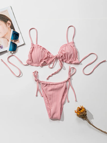 Swimsuit Pit stripe Bikini Women Swimwear  Bathing Suits Push Up Biquinis Bandage Beachwear Solid Bikini Sets