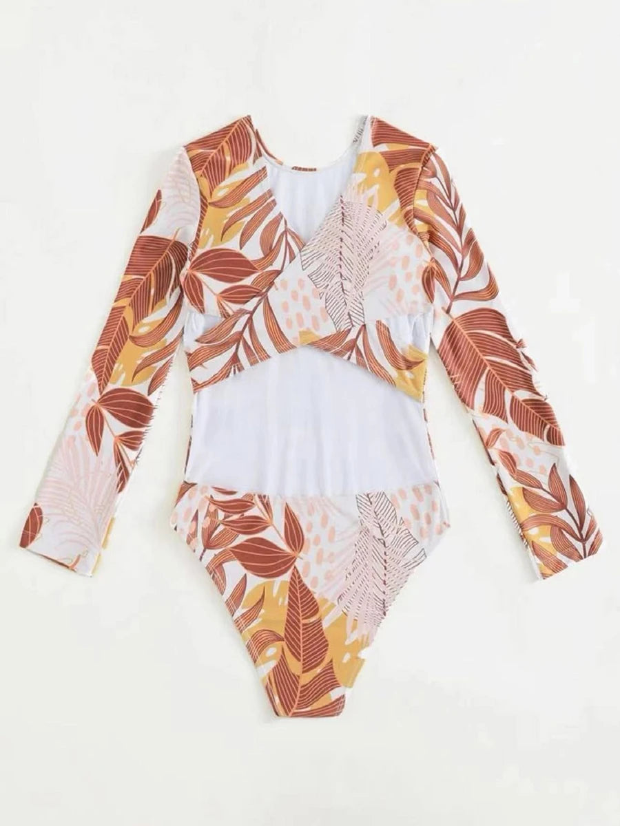 Tropical Leaf Print Long Sleeve Swimsuit One Piece Hollow Out Cross Swimwear Women Bathing Suit Padded Beachwear Swimming Summer