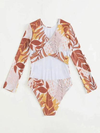 Tropical Leaf Print Long Sleeve Swimsuit One Piece Hollow Out Cross Swimwear Women Bathing Suit Padded Beachwear Swimming Summer