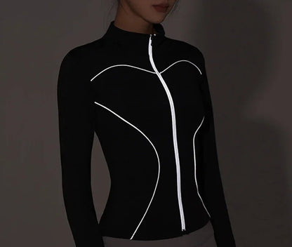 Slim Fit Yoga Jackets Reflective Stripe Safe Night Run Long Sleeve Women Sports Jackets Thumbhole Gym Tops Quick Dry
