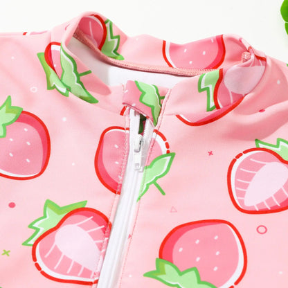 Pink Strawberry Girls One Piece Swimsuit 7-12 Year Kids Swim Suit Zipper Children's Swimwear 2024 Surf Bathing Suits