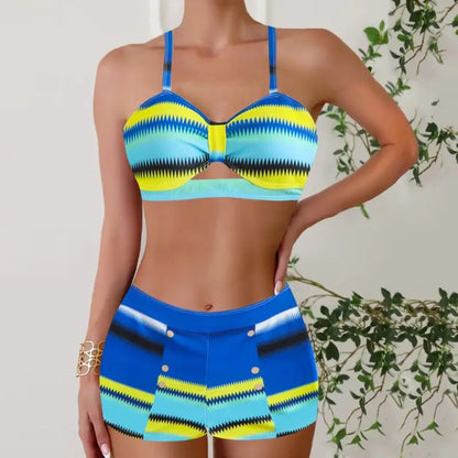 Summer Beach Striped Print Ruched Bikini Set Swimwear Bathing Suit For Women