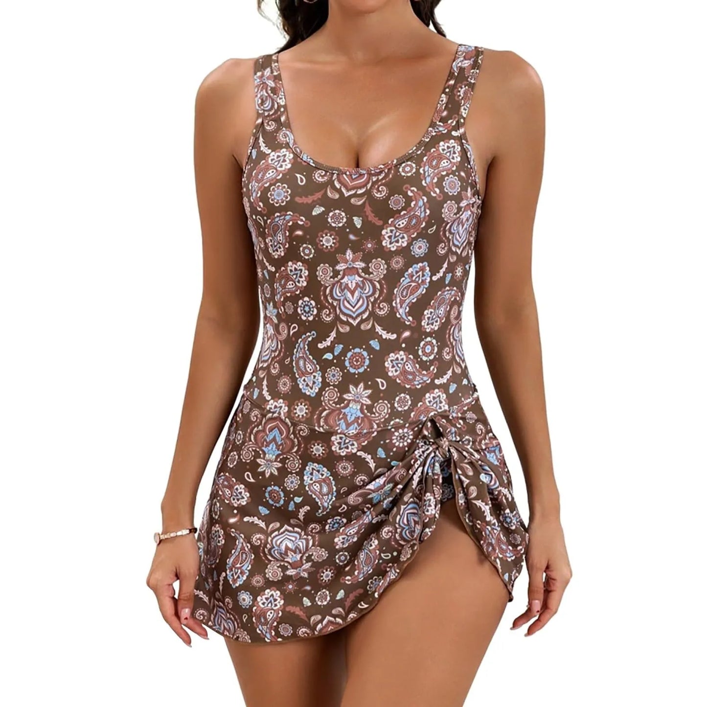 Knotted Flower Print One-Piece Swimsuit Dress For Women Cami Straps Monokini Swimwear Bathing Suit Beachwear