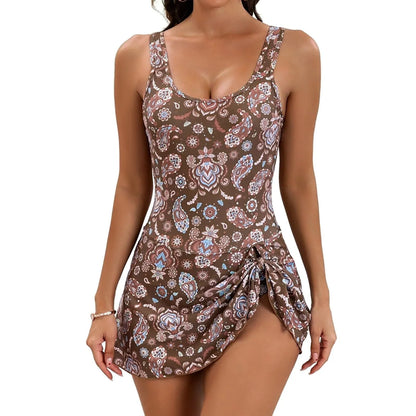 Knotted Flower Print One-Piece Swimsuit Dress For Women Cami Straps Monokini Swimwear Bathing Suit Beachwear