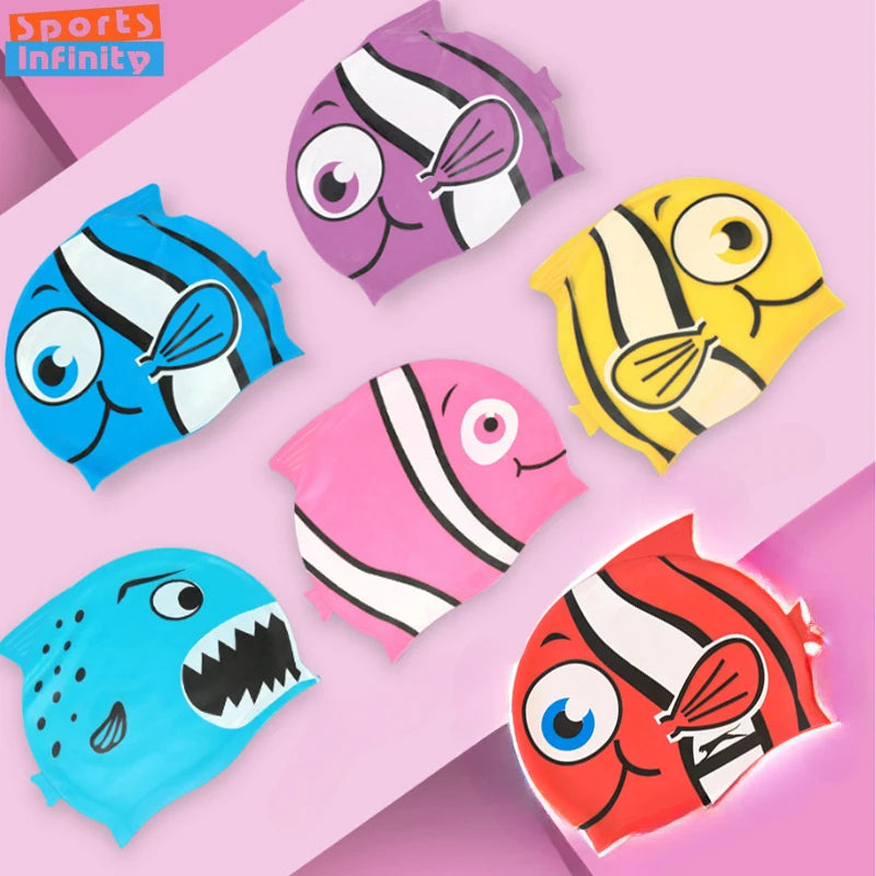 Children's Swimming Caps Waterproof Cartoon Swimming Cap for Boys and Girls Universal Cartoon Fish Shaped Soft Silicone Swim Cap