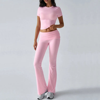 Foldable 2PCS Yoga Set Women Short Sleeve Crop Top Slim Fit High Waist Flare Leggings Fitness Suit Workout Gym Running Tracksuit