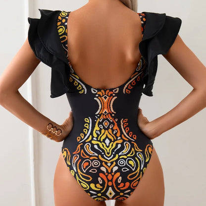 Ruffle Printed Swimsuit Women One Piece Backless Swimwear Female V-neck Beachwear Bathers Bathing Swimming Swim Suit