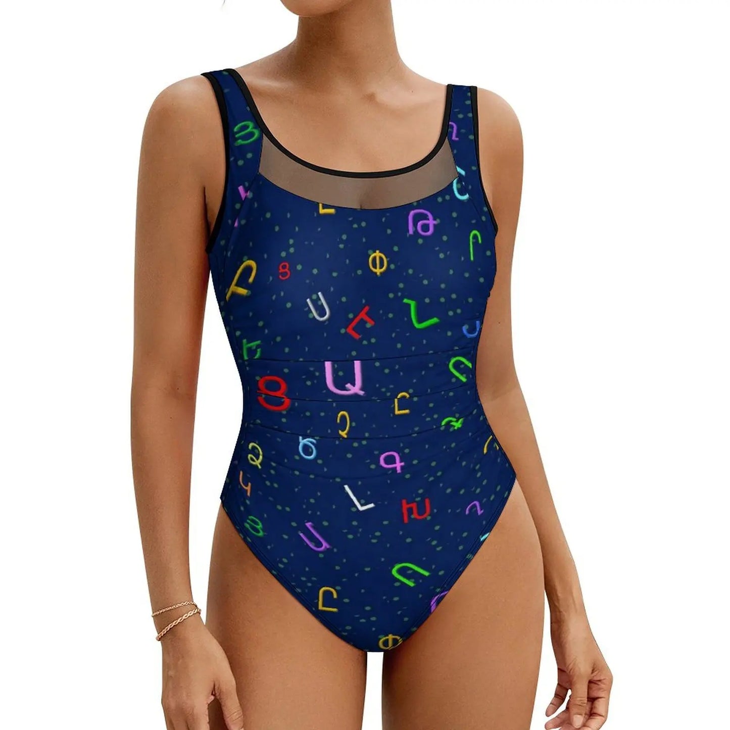 Retro Letter Print Swimsuit Egyptian Hieroglyphs Push Up Swimwear One-Piece Vacation Bath Bathing Suit Bodysuit Beach Outfits