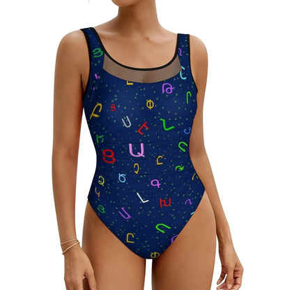 Retro Letter Print Swimsuit Egyptian Hieroglyphs Push Up Swimwear One-Piece Vacation Bath Bathing Suit Bodysuit Beach Outfits