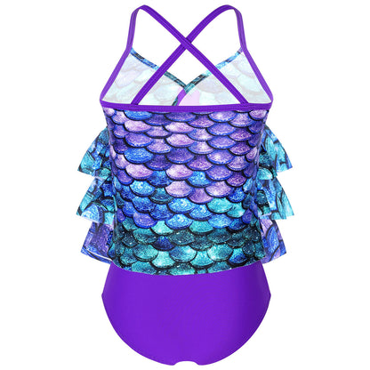Kids Girls Fish Scales Mermaid Bathing Suit Two-piece Bikini Swimsuit Sleeveless Tops with Briefs Tankini Swimwear Beachwear