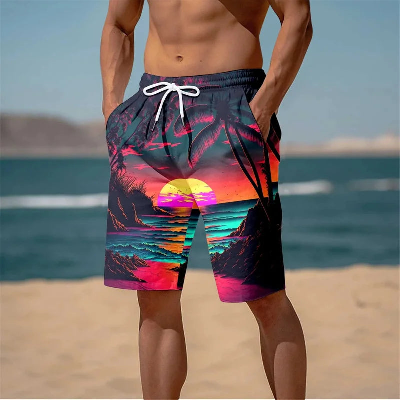 Harajuku 3D Cocoanut Trees Printing Beach Shorts Palm Tree Graphic Board Shorts For Men Hawaiian Cool Swimming Trunks