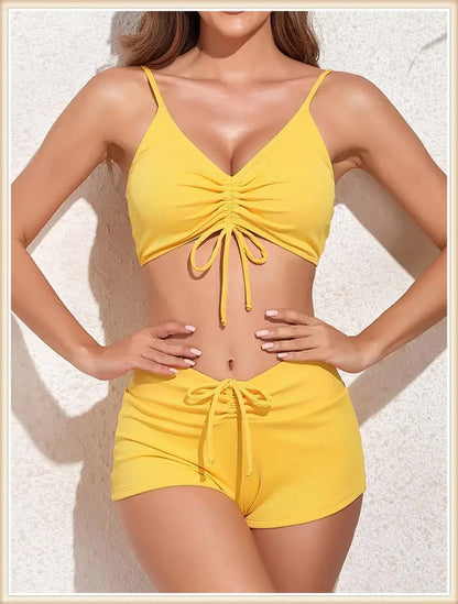 Drawstring Front Bikini Swimsuit Women High Waist Shorts Swimwear Female Bathing Swimming Swim Set Bathers Beachwear Summer