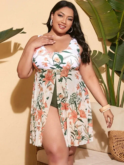 Plus Size Swim dress Swimwear Women Print Bikini One Piece Swimsuit Summer Beach Wear Bathing Suit Conservative Tankini 5XL