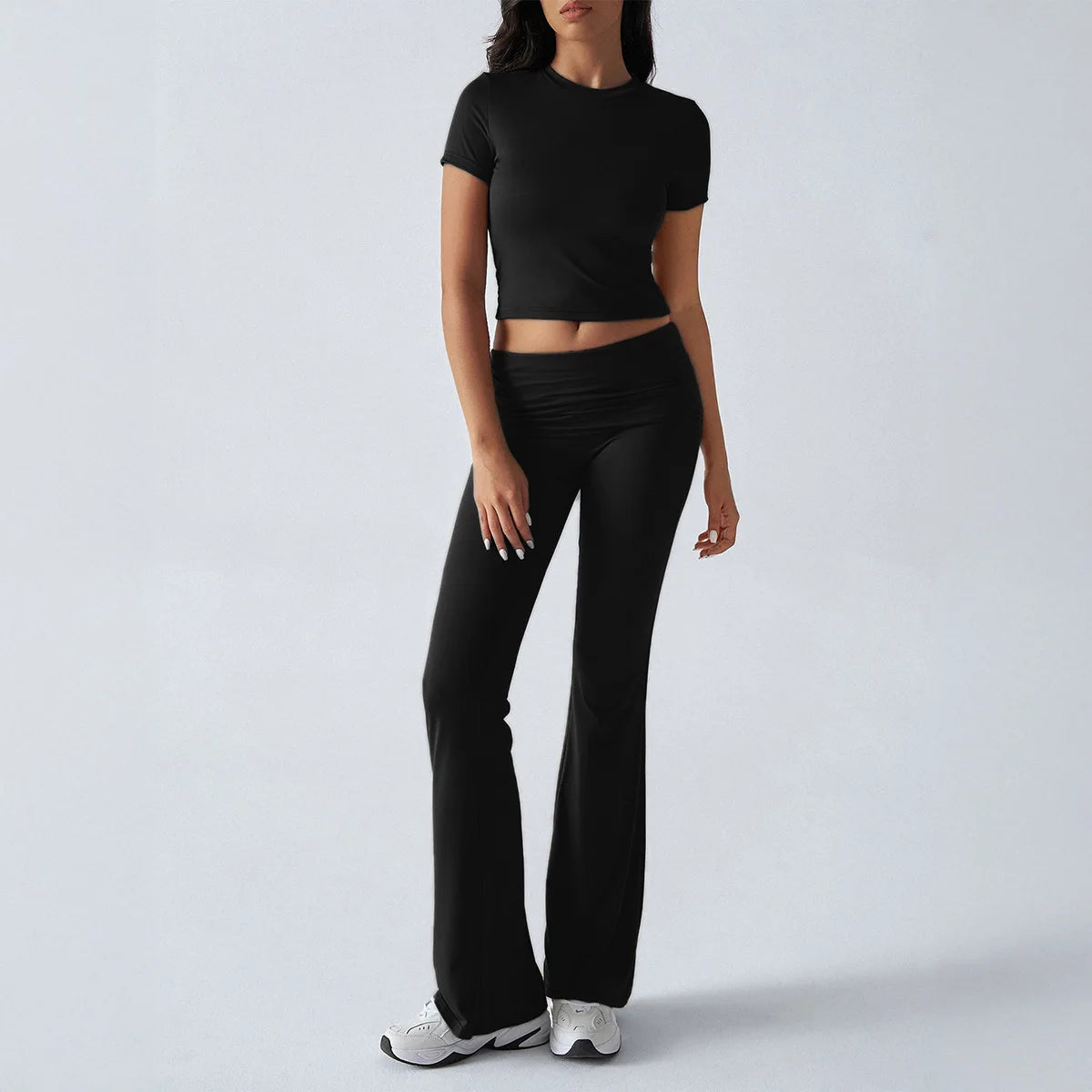 Foldable 2PCS Yoga Set Women Short Sleeve Crop Top Slim Fit High Waist Flare Leggings Fitness Suit Workout Gym Running Tracksuit