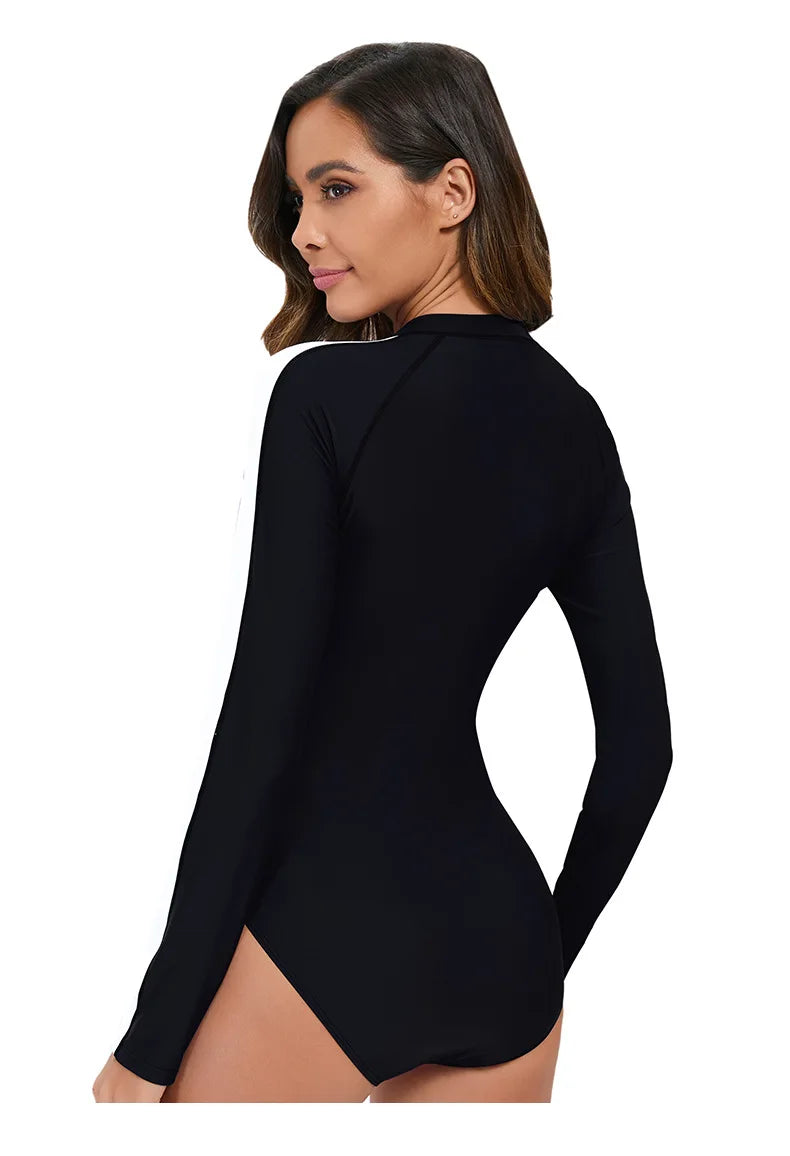 Long Sleeved Sun Protection One-piece Sports Swimsuit for Women High Elasticity Slim Zipper Sports Bikini Monokini Surfing Suit