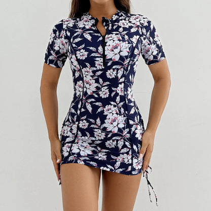 Floral Women Swimsuits Sun Protection Female Short Sleeves Swimwear Surfing Sports Pool Beachwear Two-Piece Bathing Suits