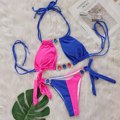 8 Colors Diamond Rhinestones Splicing Bikini Women Swimwear Female Swimsuit Two-pieces Bikini set Bather Bathing Suit Swim