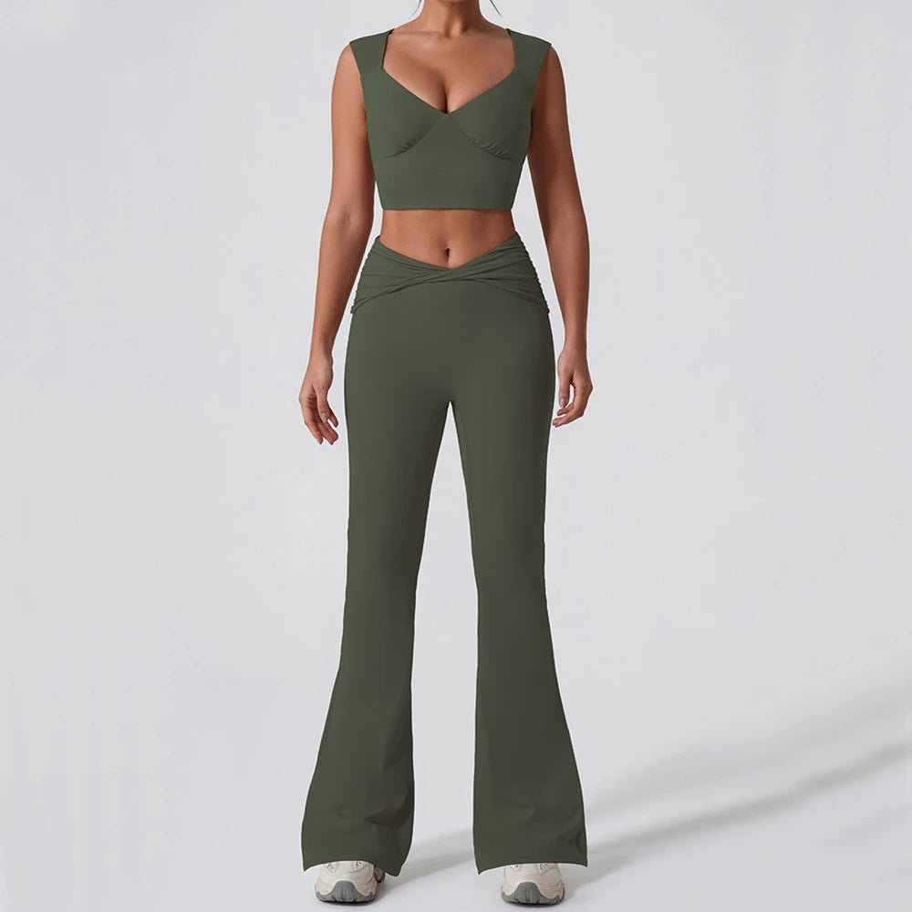 2PCS Women Yoga Set Workout Pant Outfits Fitness Sportswear Gym High Waist Flare Leggings Sports Bra Athletic Tracksuit