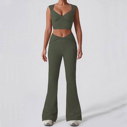 2PCS Women Yoga Set Workout Pant Outfits Fitness Sportswear Gym High Waist Flare Leggings Sports Bra Athletic Tracksuit